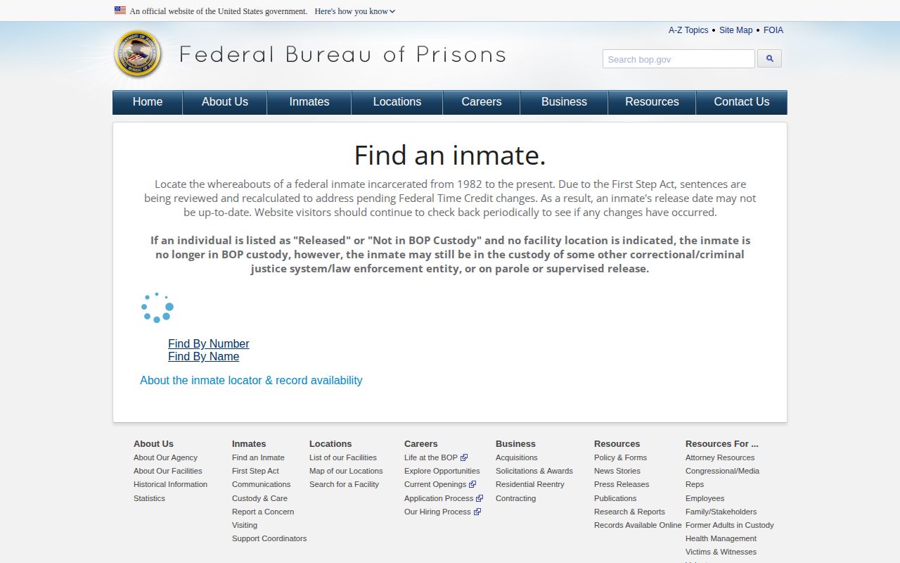Federal Bureau of Prisons inmate locator search page
