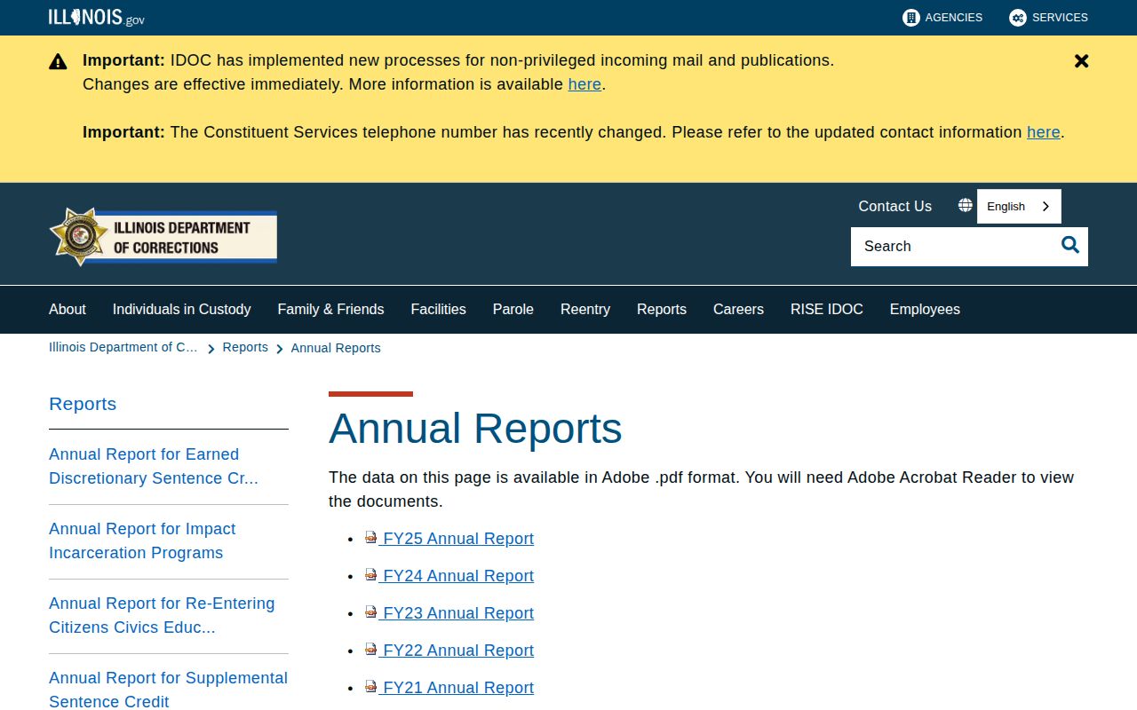 IDOC annual reports page with statewide corrections reports