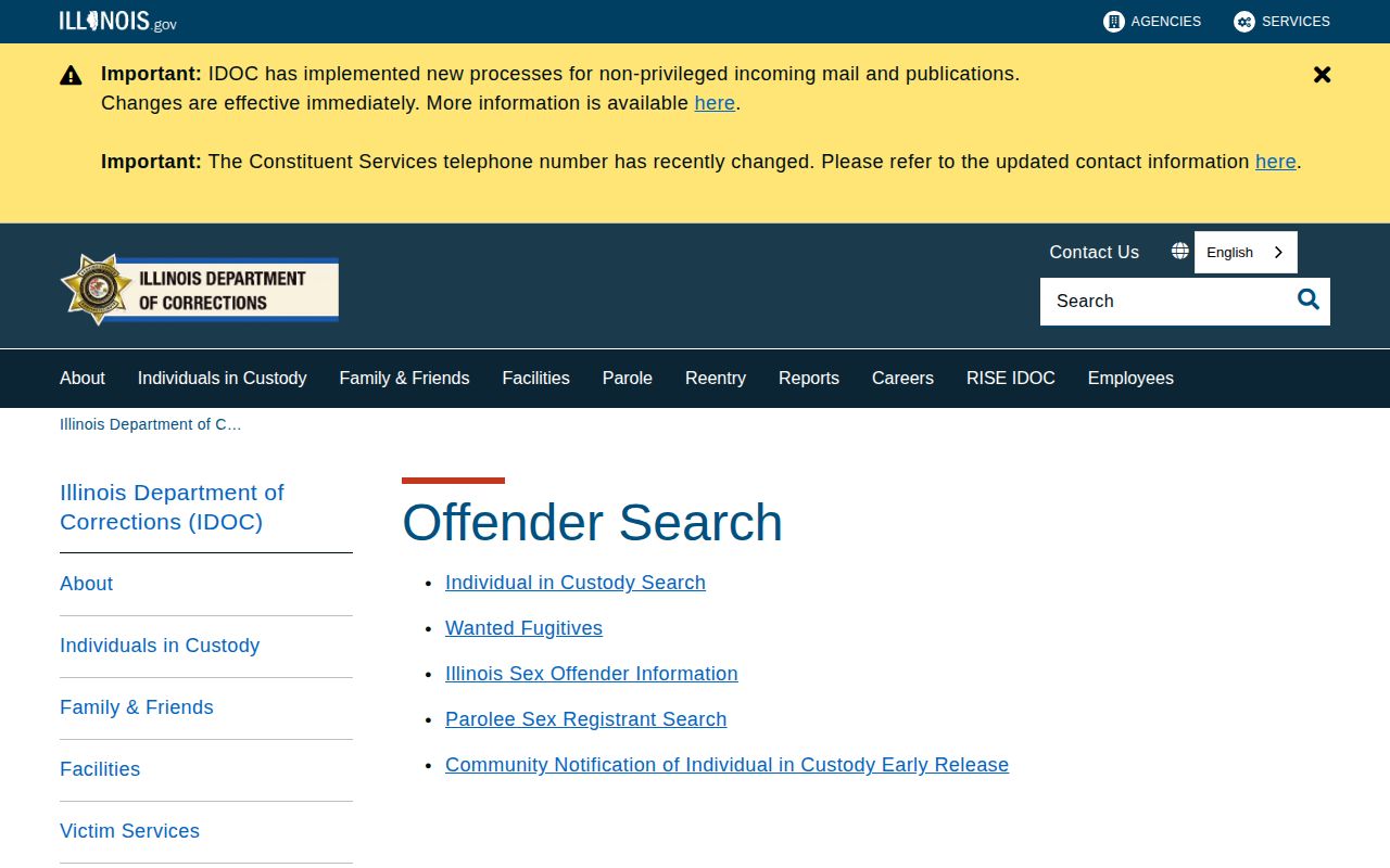 IDOC Individual in Custody Search landing page