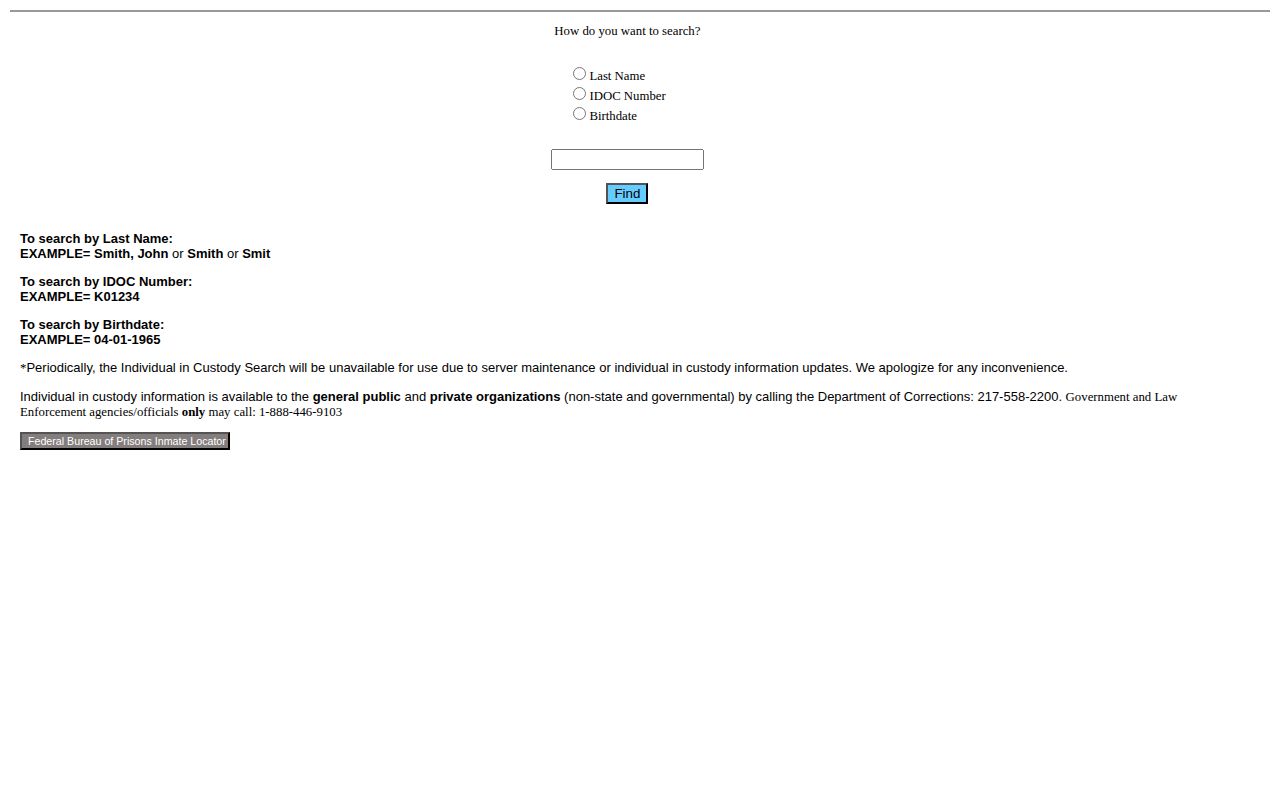 IDOC legacy search form with name number and birthdate options