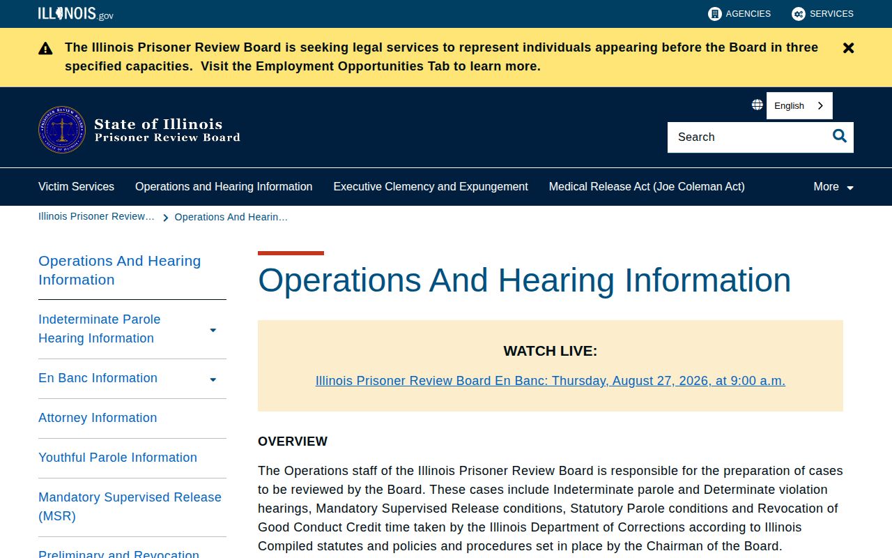 Illinois Prisoner Review Board monthly hearing information page