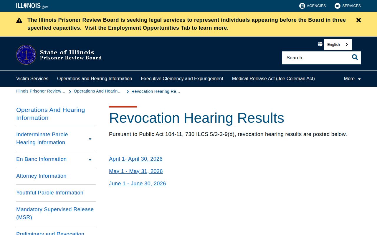Illinois Prisoner Review Board revocation hearing results directory